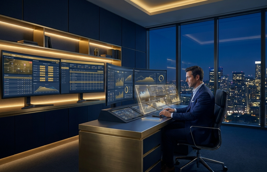 Sports betting analytics expert reviewing AI-powered odds and match data on multiple monitors